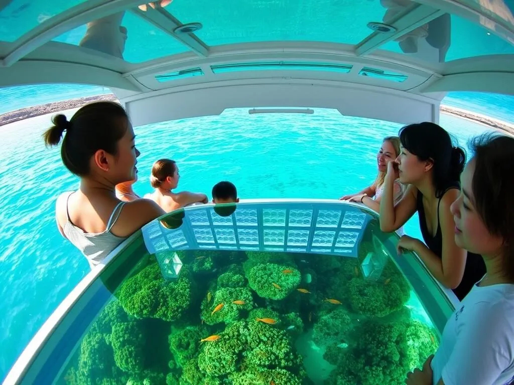 Glass-bottom boat tour at Kabira Bay showing coral reefs and tropical fish Glass-bottom boat tour at Kabira Bay showing coral reefs and tropical fish