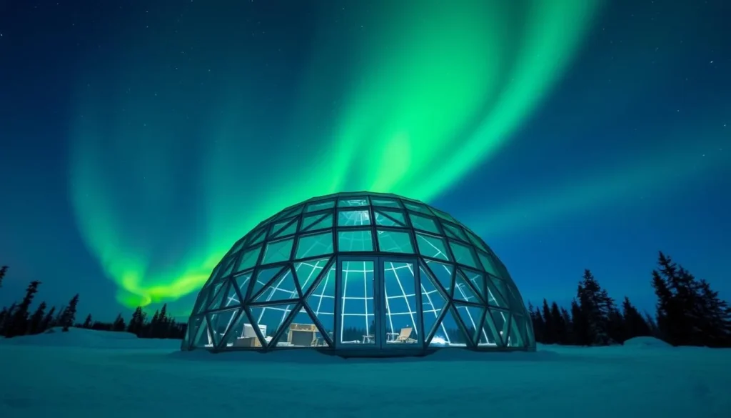 Glass igloo in Levi, Finland, with Northern Lights above
