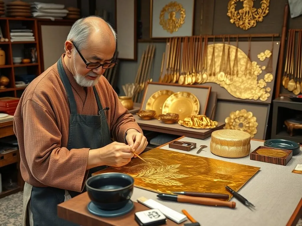 Gold leaf workshop in Kanazawa showing traditional crafting techniques