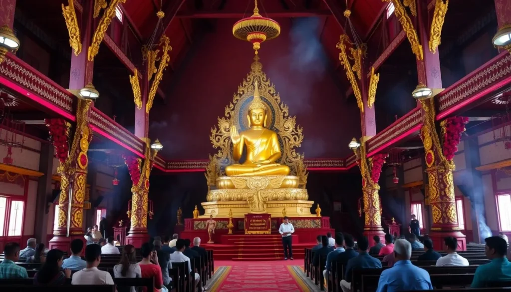 Golden Buddha statue at Nandan Kanan Buddhist Temple surrounded by ornate decorations