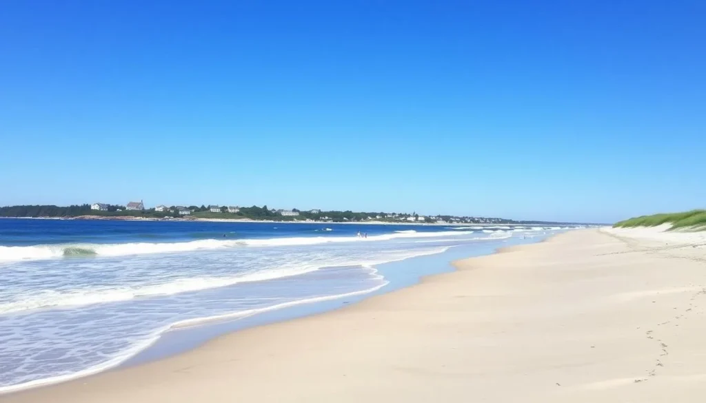 Gooch's Beach in Kennebunk Maine with sandy shoreline and ocean waves