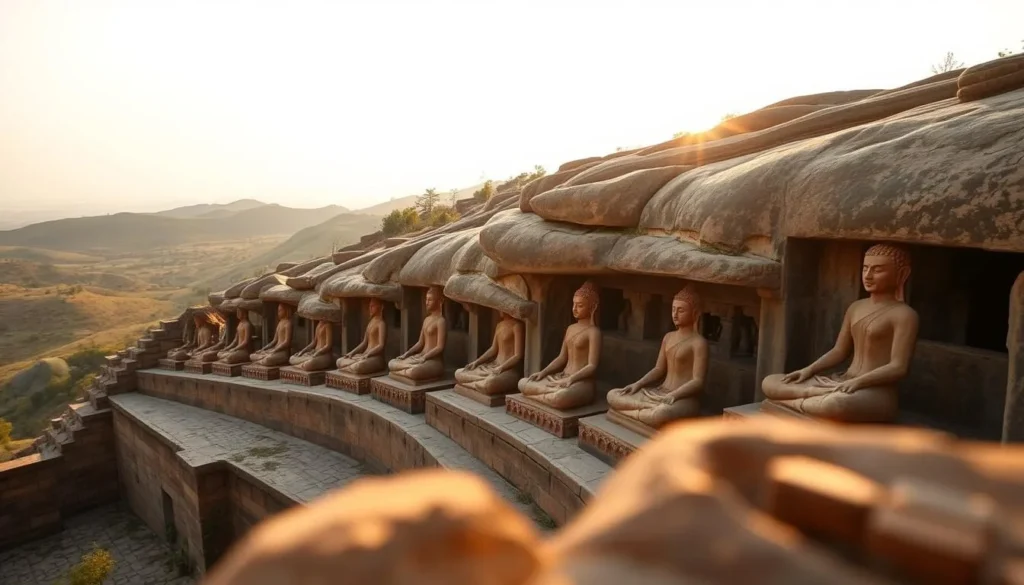 Gopachal Parvat Jain Sculptures: A serene hilltop sanctuary nestled in Gwalior, showcasing a mesmerizing array of intricate Jain sculptures carved into the natural rock formations. Capture the sun's warm rays illuminating the weathered sandstone statues, their timeless expressions and meditative poses evoking a profound sense of spiritual tranquility. Provide a wide, establishing shot to highlight the sculptural ensemble against the backdrop of the rolling green hills, with soft shadows and muted tones conveying an atmosphere of reverence and timelessness. Employ a shallow depth of field to gently blur the foreground, drawing the viewer's attention to the central sculptural masterpieces.