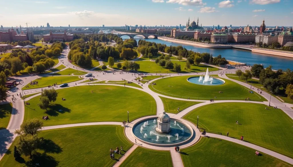 Gorky Park in Moscow during summer with people relaxing by fountains Gorky Park in Moscow during summer with people relaxing by fountains