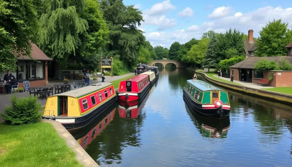 Grand Union Canal in Hillingdon with narrowboats and canalside pubs