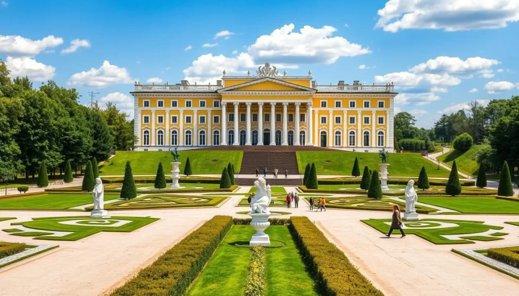 Grand palace at Arkhangelskoye Estate with formal gardens and sculptures on a sunny day