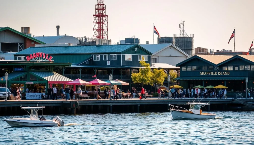 Granville Island Cultural Hub: A vibrant waterfront oasis in Vancouver, British Columbia. Capture the bustling marketplace with its colorful vendors, artisan workshops, and quaint eateries. Showcase the iconic architecture, a blend of industrial and modern elements. Bathe the scene in warm, natural sunlight that casts soft shadows, creating a welcoming ambiance. Emphasize the water's edge, with small boats gently bobbing and people strolling along the pedestrian-friendly pathways. Convey the sense of community and creativity that defines this beloved urban island destination.