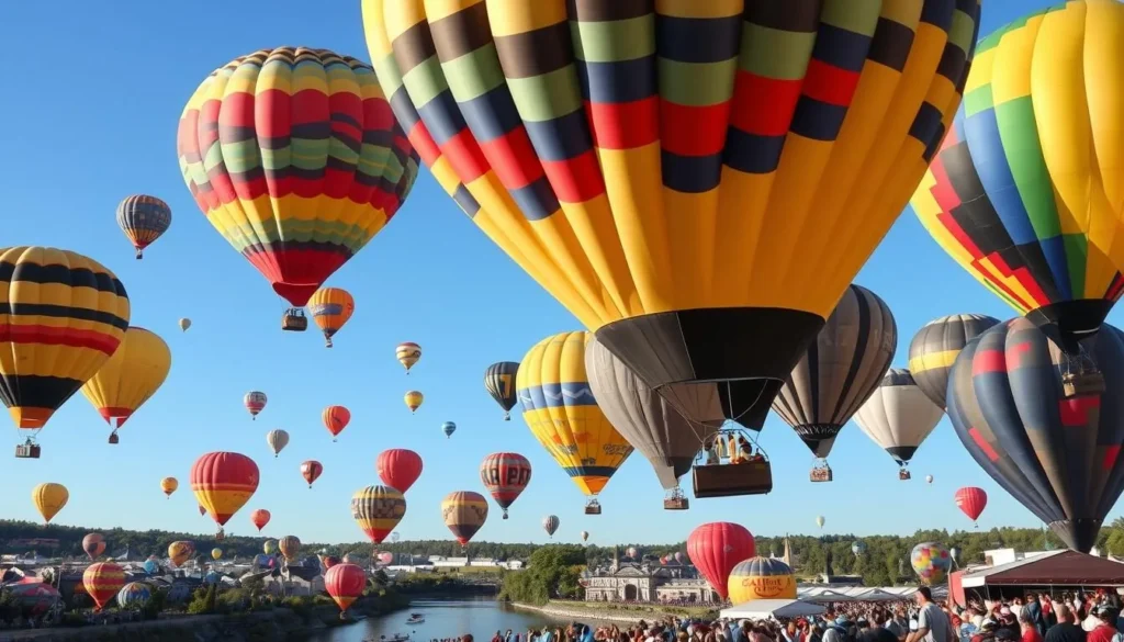 Great Falls Balloon Festival with colorful hot air balloons over the Androscoggin River Great Falls Balloon Festival with colorful hot air balloons over the Androscoggin River