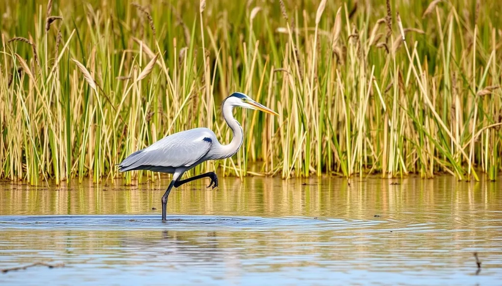 Great blue heron wading in Assateague Island Maryland marsh