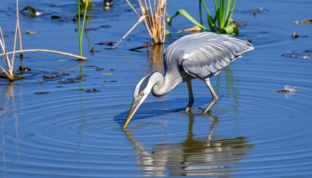 Great blue heron wading in Lake Temescal waters