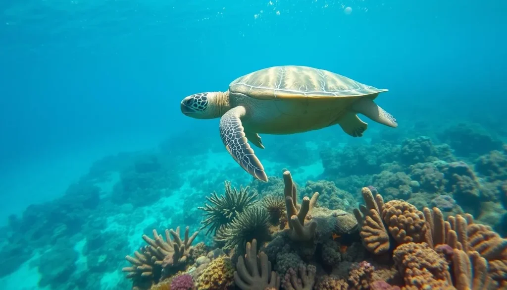 Green sea turtle swimming in the coral reef around Pamalican Island Green sea turtle swimming in the coral reef around Pamalican Island