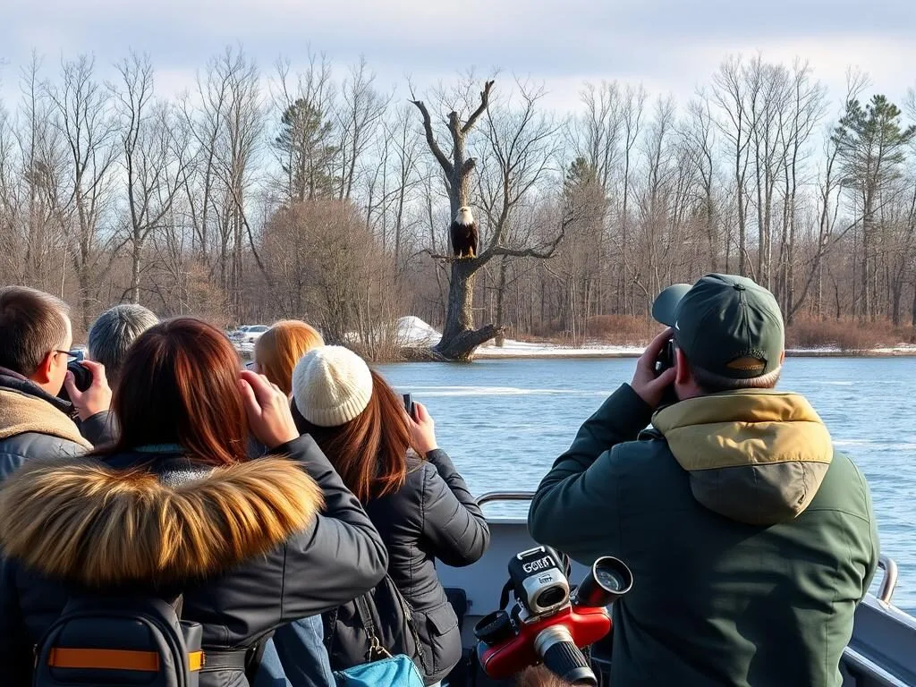 Guided eagle watching tour boat on Reelfoot Lake with passengers using binoculars