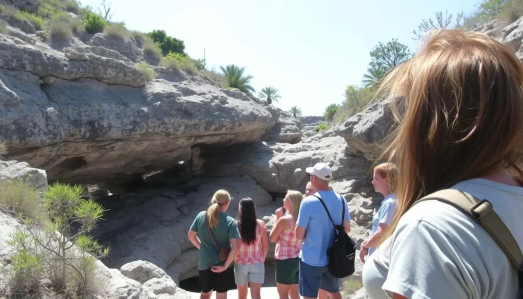 Guided tour at Big Spring National Park with visitors examining the petroglyphs