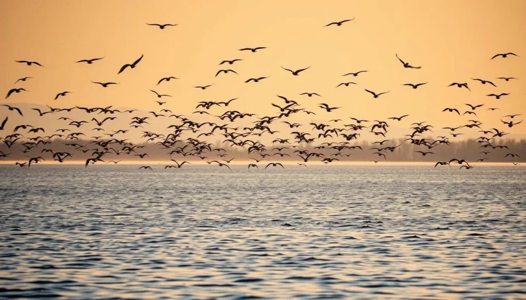 Hakaluki Haor during winter season with migratory birds flying over calm waters