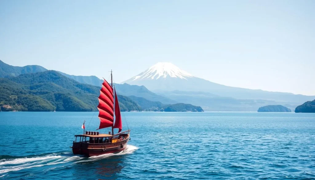 Hakone sightseeing pirate ship cruising on Lake Ashi with Mount Fuji visible in the background