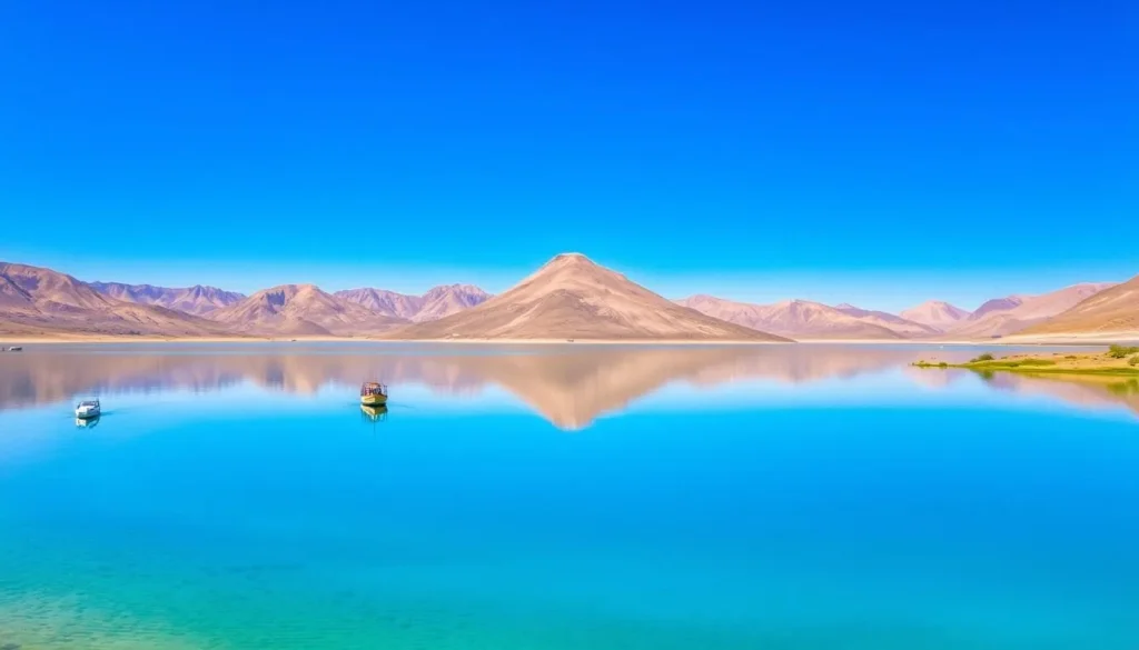 Hanna Lake in Quetta with mountains reflected in the clear blue water and small boats visible