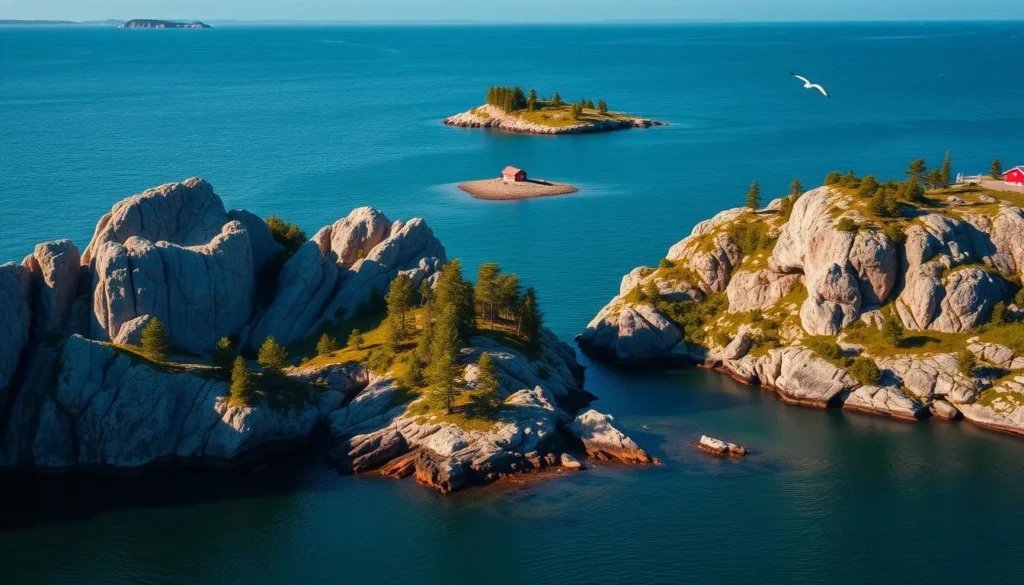 Haparanda Archipelago National Park islands on a sunny summer day. Dramatic granite cliffs rise from the calm, turquoise waters, their surfaces softened by moss and lichen. Scattered pine and birch trees dot the rugged shoreline, casting gentle shadows. Seabirds glide effortlessly, their cries echoing across the sheltered bays. In the distance, a few small islands dotted with red wooden cabins create a picturesque scene. The warm, golden light illuminates the natural beauty of this remote, pristine archipelago.