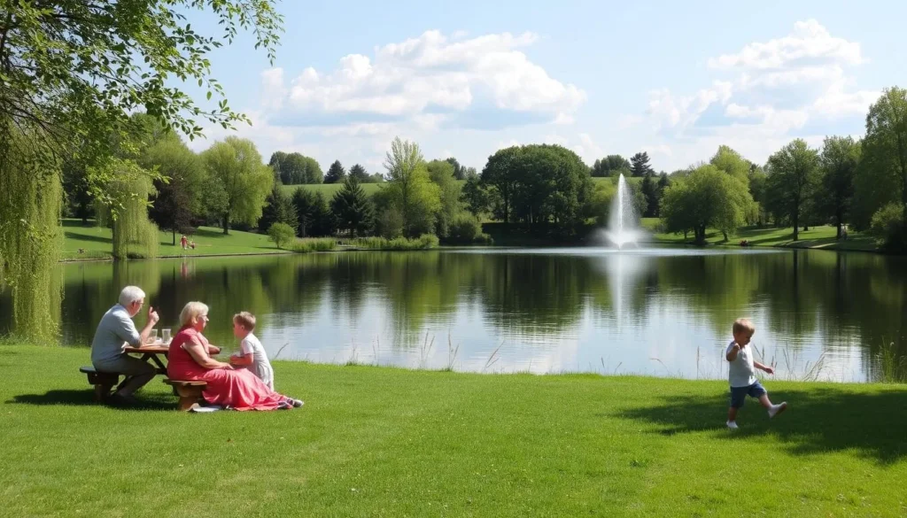 Haraldsvang Park and Lake with people enjoying a picnic and children playing