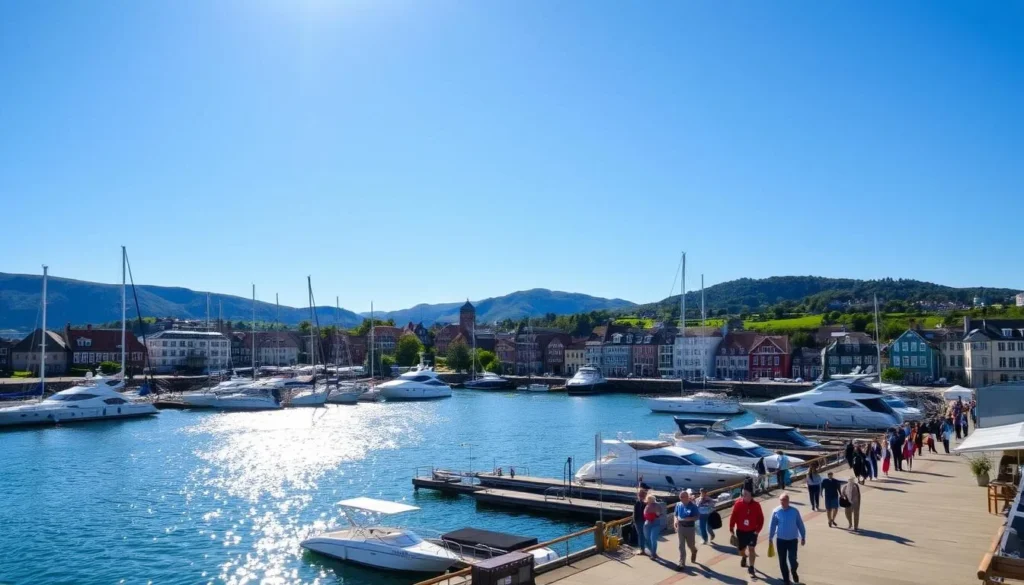 Haugesund, a picturesque coastal town in Norway, under a clear blue sky. Sunlight glimmers on the calm, fjord-like harbor, with sleek yachts and sailboats moored along the quay. In the foreground, people stroll leisurely, enjoying the pleasant summer weather. The middle ground features a mix of charming, colorful houses and historic architecture, while the background showcases the rolling, verdant hills surrounding the town. Capture the tranquil, idyllic atmosphere of this Nordic paradise, with a warm, golden-hour lighting that highlights the town's natural beauty.
