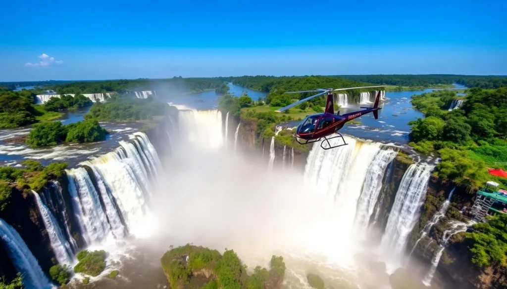 Helicopter flying over Iguacu Falls