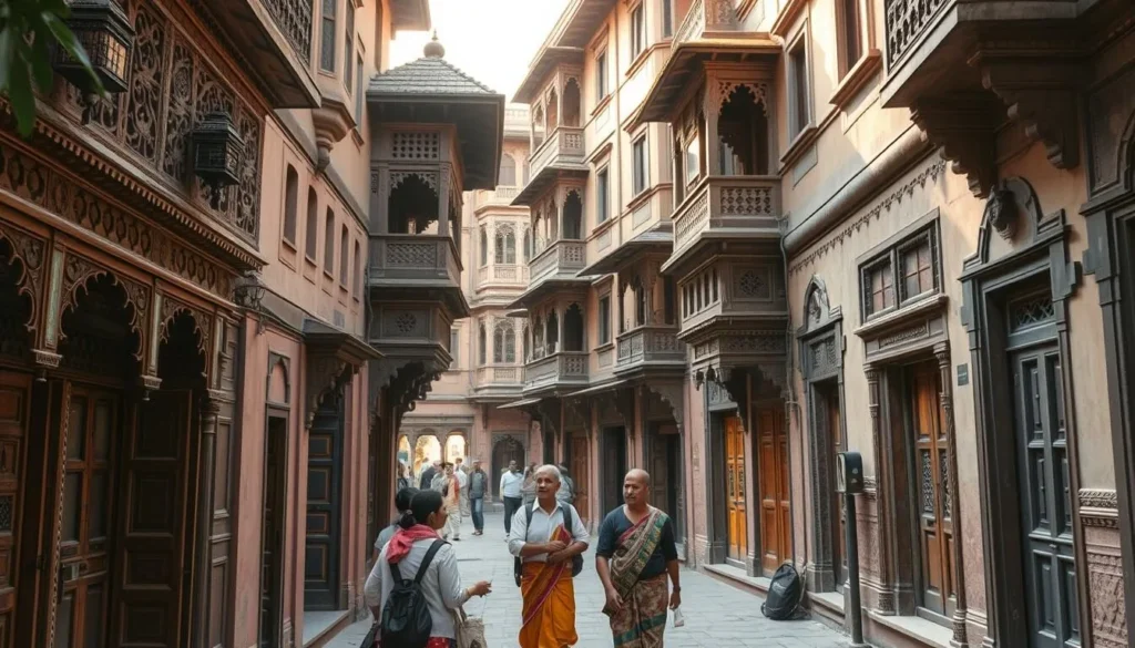 Heritage Walk through Ahmedabad's old city showing traditional wooden havelis, bird feeders, and narrow streets Heritage Walk through Ahmedabad's old city showing traditional wooden havelis, bird feeders, and narrow streets