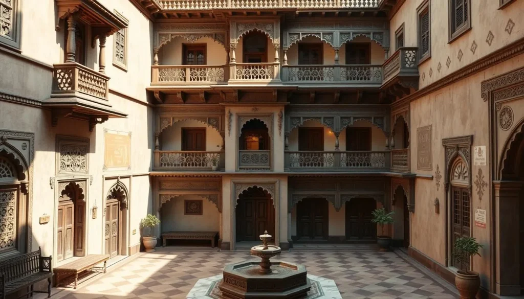 Heritage haveli hotel in Ahmedabad's old city with traditional courtyard and ornate wooden balconies Heritage haveli hotel in Ahmedabad's old city with traditional courtyard and ornate wooden balconies