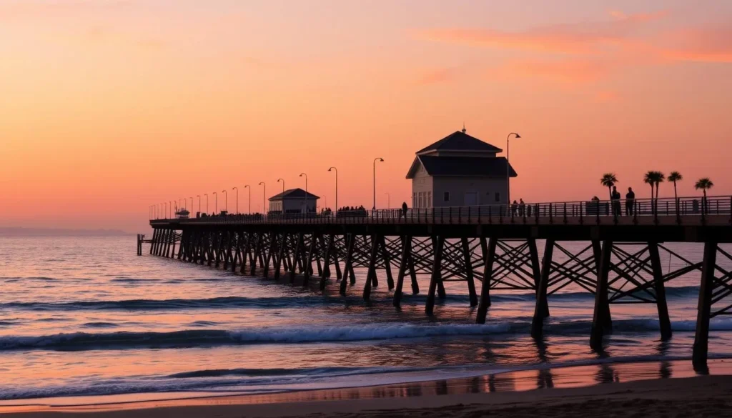 Hermosa Beach Pier extending into the Pacific Ocean at sunset with people walking along it