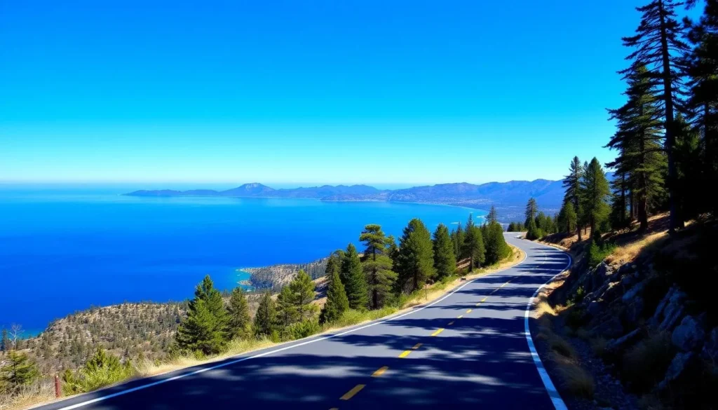 Highway 89 winding along Lake Tahoe's western shore near Rubicon Bay Highway 89 winding along Lake Tahoe's western shore near Rubicon Bay