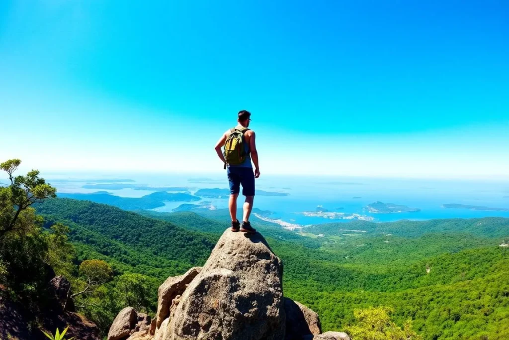 Hiker at the summit of Mt. Puting Bato with panoramic view of Samal Island Philippines Hiker at the summit of Mt. Puting Bato with panoramic view of Samal Island Philippines