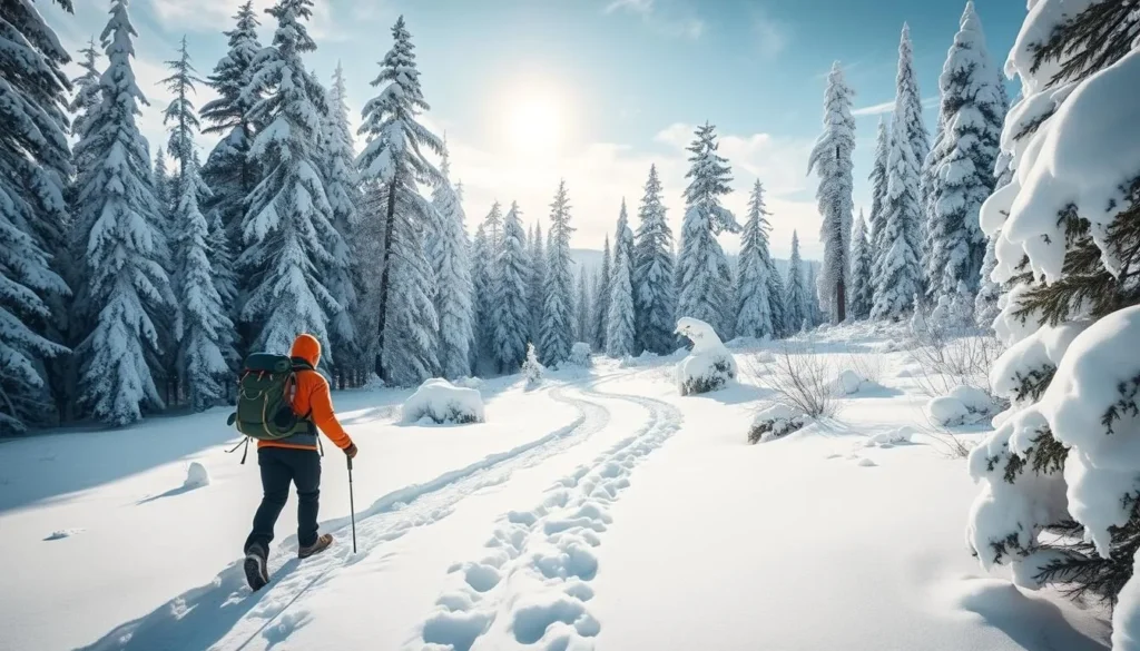 Hiker on a trail in Posio, Finland, surrounded by snow-covered trees