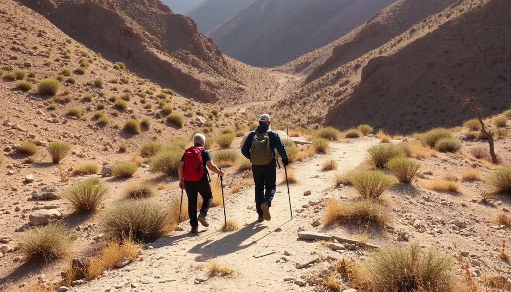 Hikers exploring a marked trail through the rugged terrain of Kirthar National Park, Pakistan
