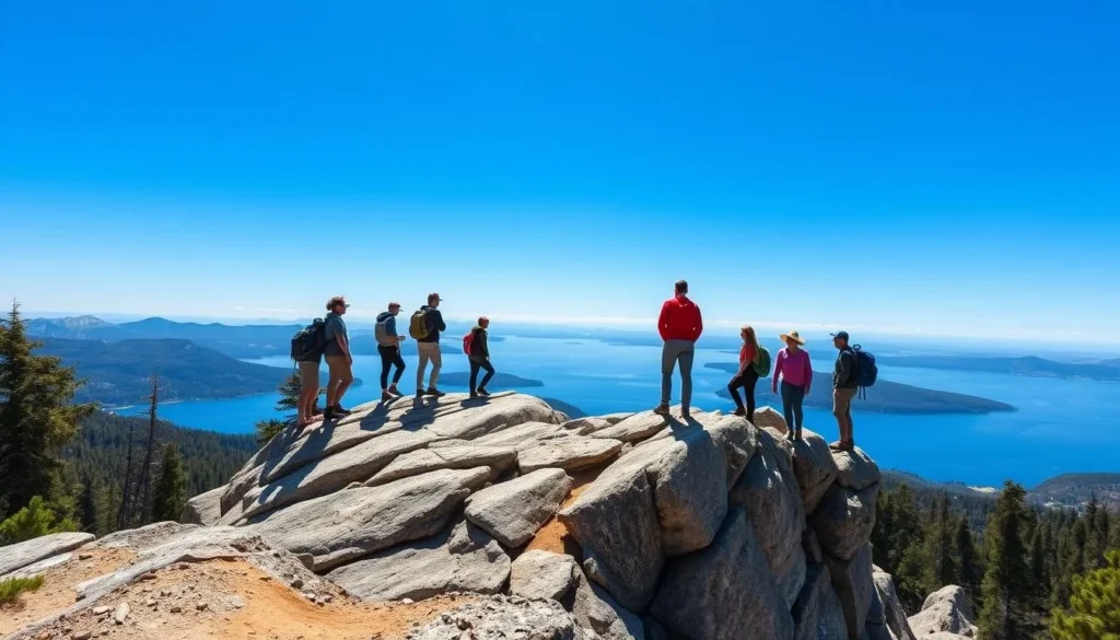 Hikers on Castle Rock Trail with views of Big Bear Lake and Boulder Bay Hikers on Castle Rock Trail with views of Big Bear Lake and Boulder Bay