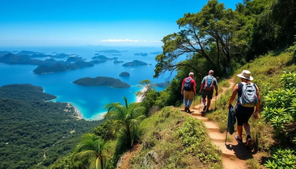 Hikers on Mt. Mago trail with panoramic views of Poro Island