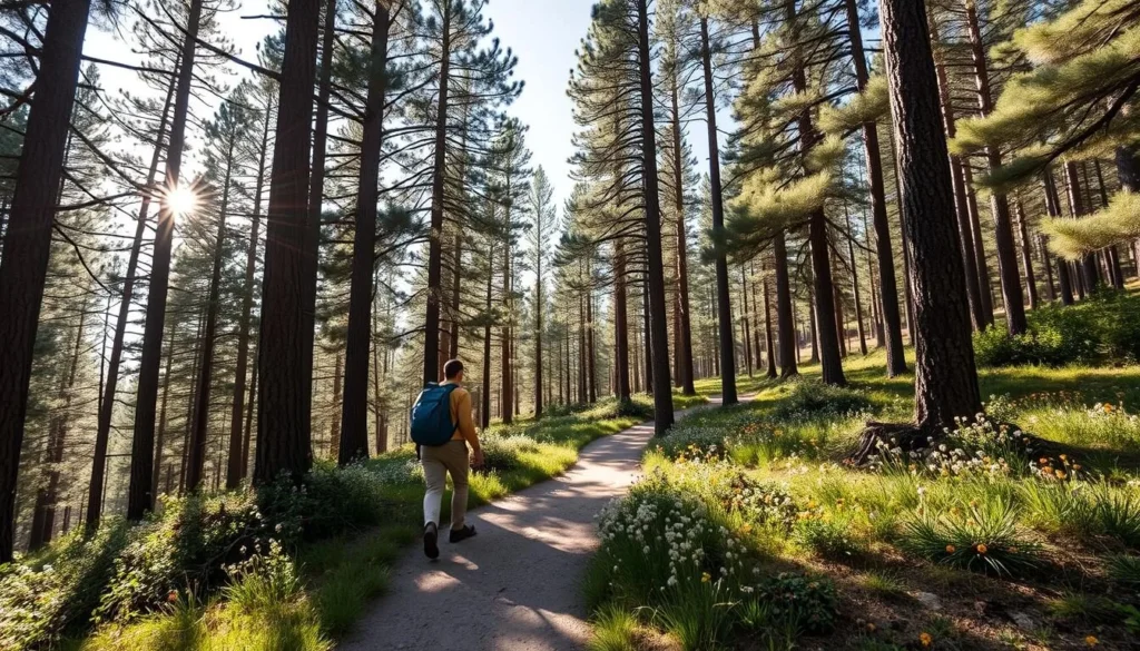 Hikers on Pine Knot Trail with forest views and wildflowers