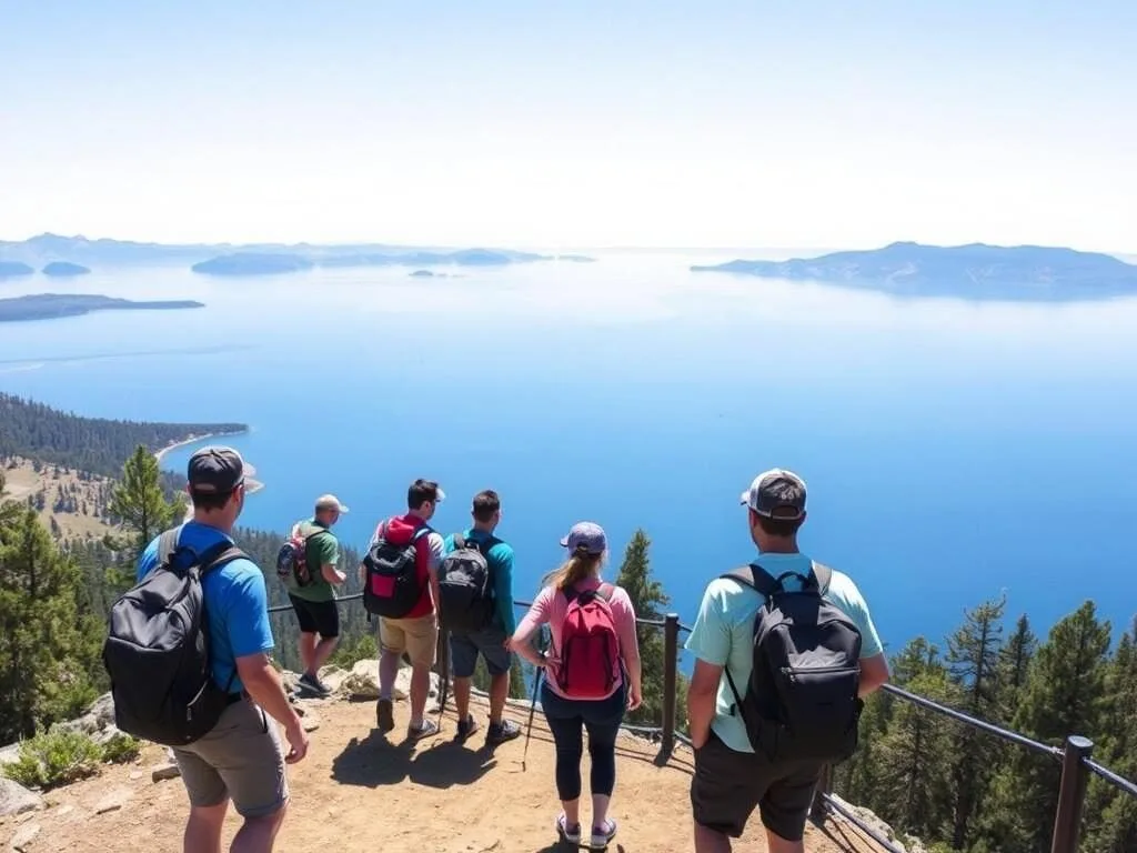 Hikers on Stateline Fire Lookout Trail with panoramic views of Lake Tahoe Hikers on Stateline Fire Lookout Trail with panoramic views of Lake Tahoe