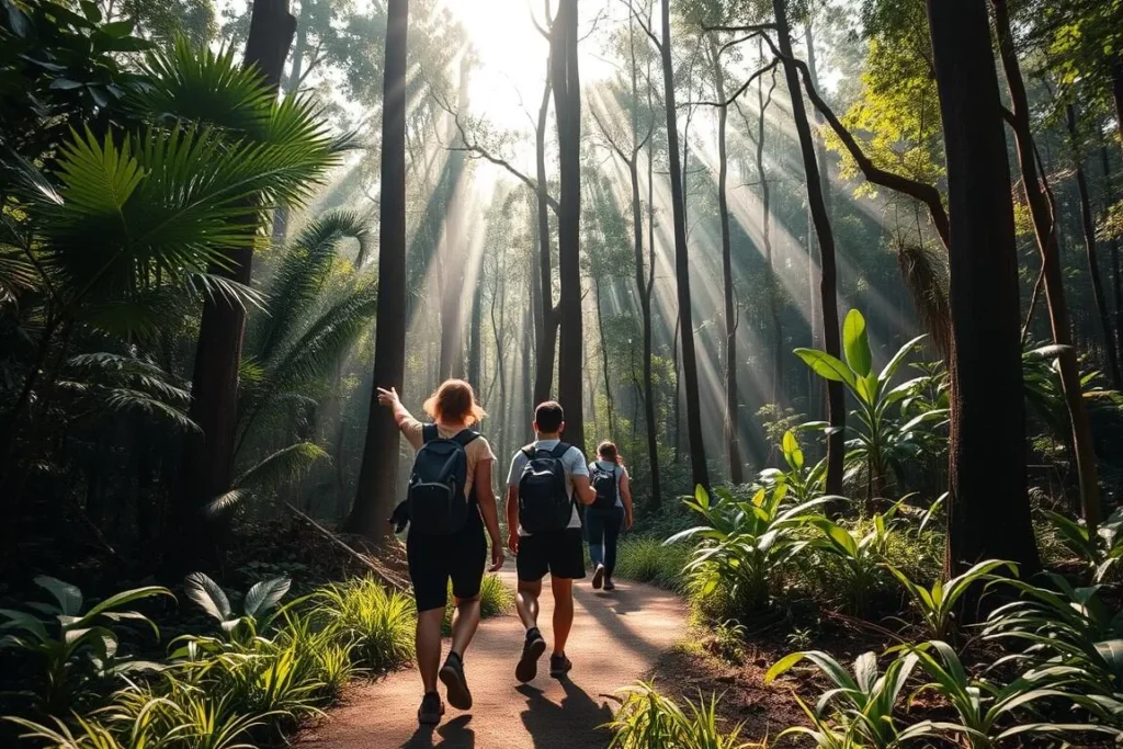 Hikers on a forest trail in Kaptai National Park surrounded by lush vegetation Hikers on a forest trail in Kaptai National Park surrounded by lush vegetation