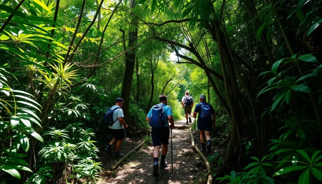 Hikers on a jungle trail in Iriomote with dense tropical vegetation