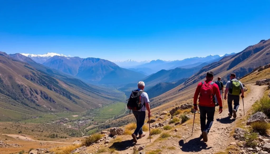 Hikers on a mountain trail between Rumbur and Bumburet valleys with panoramic views of the Hindu Kush mountains