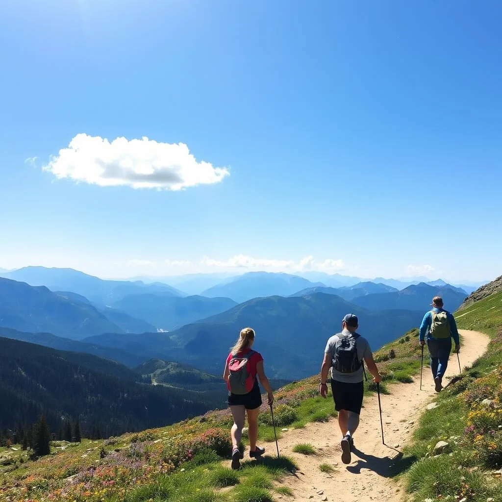 Hikers on a mountain trail near Wolf Creek with scenic views Hikers on a mountain trail near Wolf Creek with scenic views