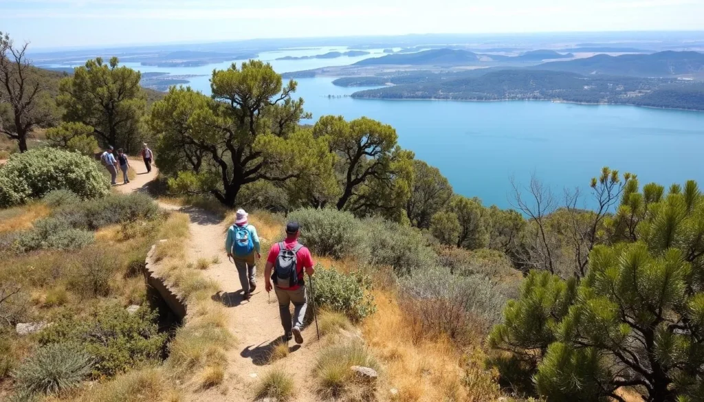 Hikers on a scenic trail at Folsom Lake with water views and oak trees Hikers on a scenic trail at Folsom Lake with water views and oak trees