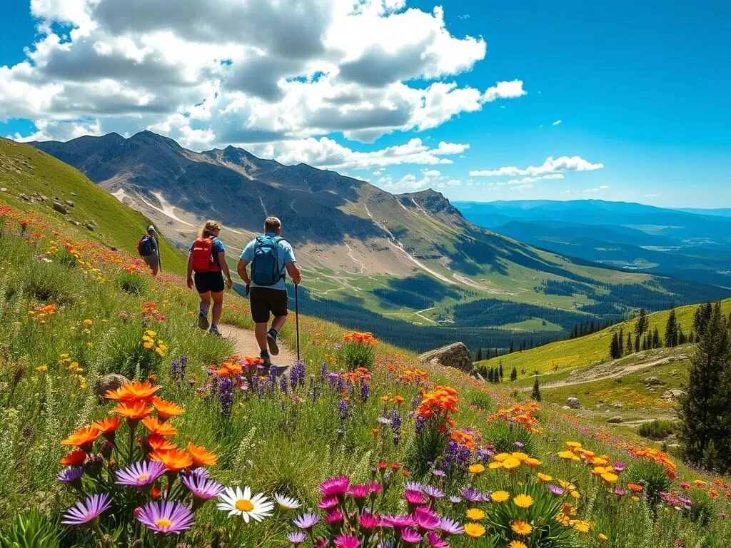Hikers on a scenic trail near Powderhorn with wildflowers and Grand Mesa views
