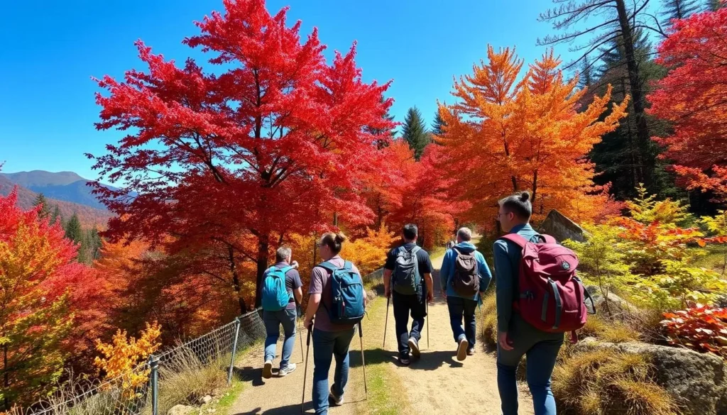 Hikers on a trail in Nikko National Park with autumn foliage and mountain views