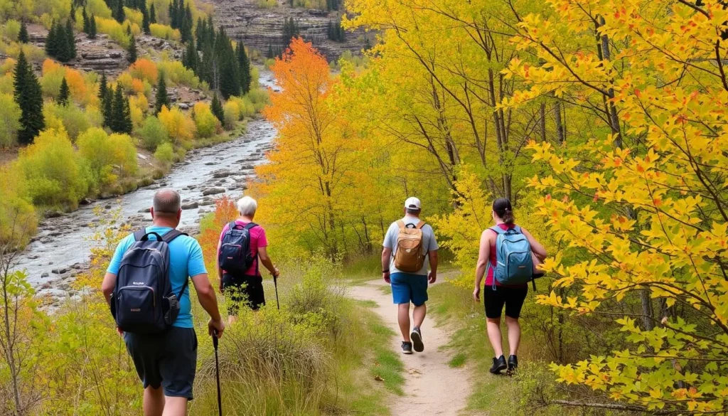Hikers on the Cherry Creek Trail with a scenic view