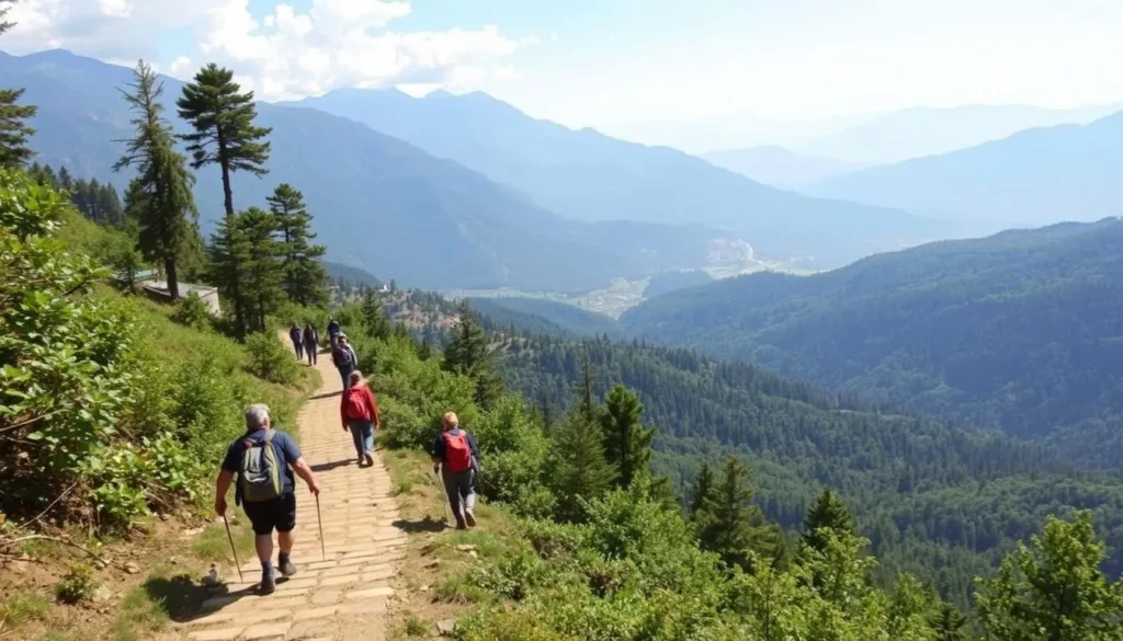 Hikers on the trail from Chandragiri to Chitlang with valley views