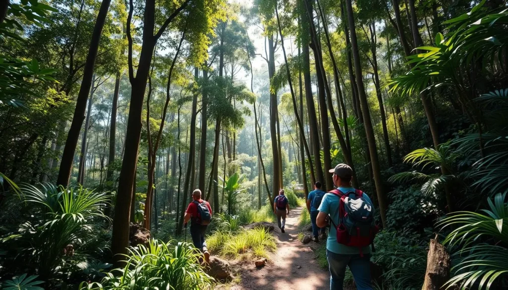 Hikers trekking through lush forest trails in Bandarban, Chittagong Hill Tracts