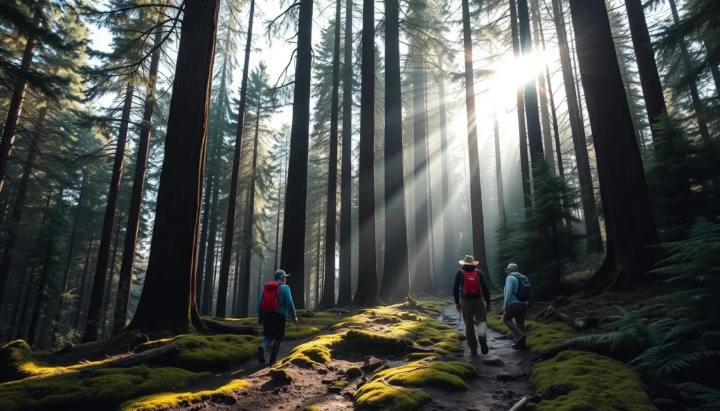 Hikers trekking through the lush forests of Kumrat Valley, Pakistan with sunlight filtering through the trees
