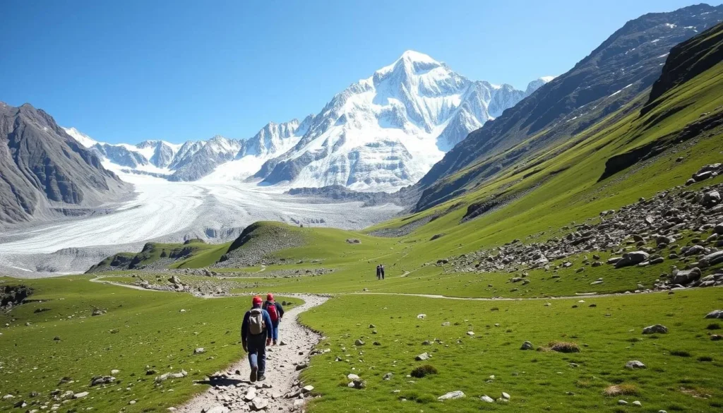 Hikers trekking towards Nanga Parbat Base Camp from Fairy Meadows, Pakistan Hikers trekking towards Nanga Parbat Base Camp from Fairy Meadows, Pakistan