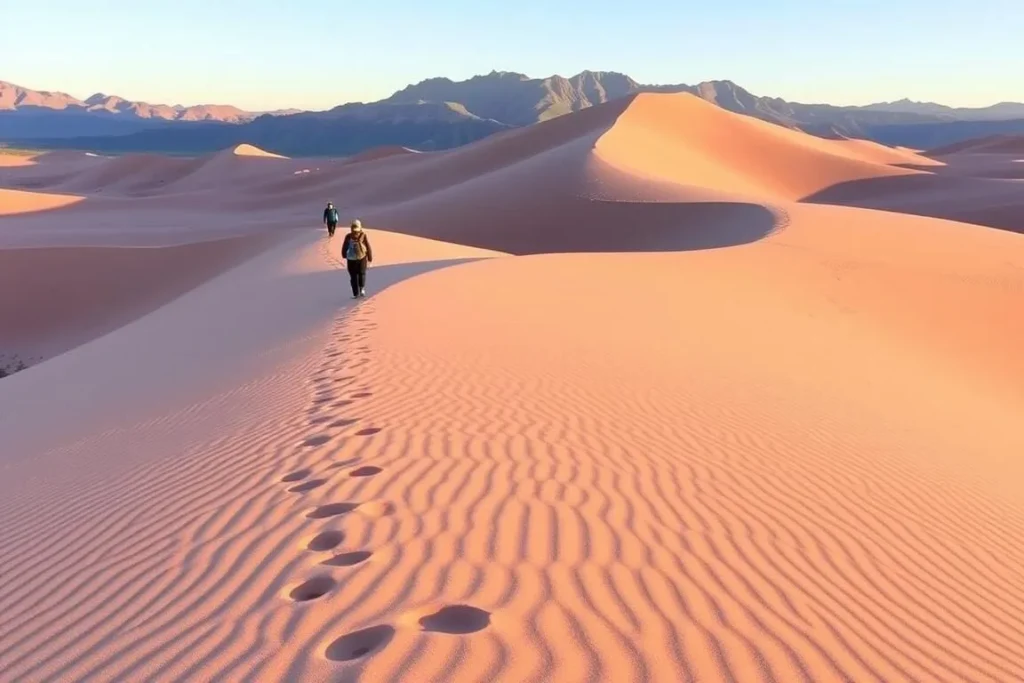 Hikers walking along the ridges of Coral Pink Sand Dunes State Park, Utah with mountain views Hikers walking along the ridges of Coral Pink Sand Dunes State Park, Utah with mountain views