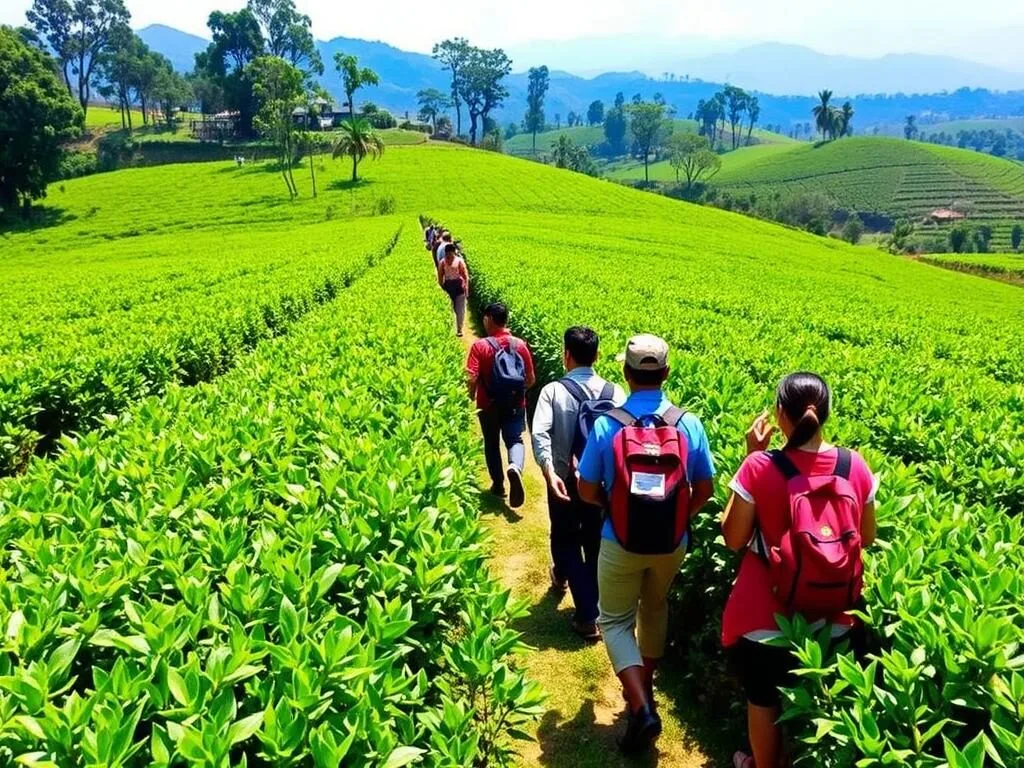 Hiking through tea gardens near Jaflong with hills in background Hiking through tea gardens near Jaflong with hills in background