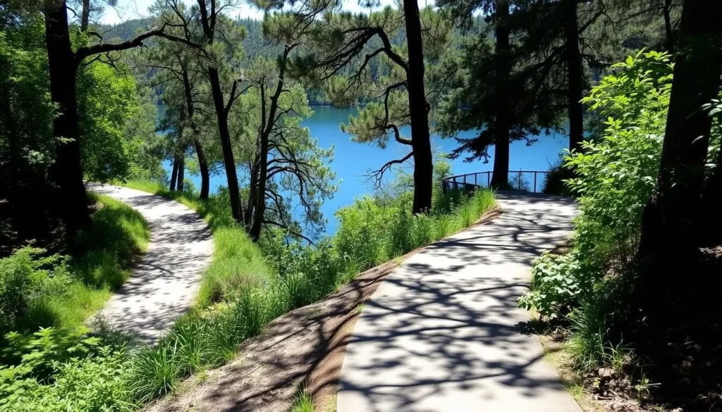 Hiking trail around Lake Temescal Oakland California with views of the water