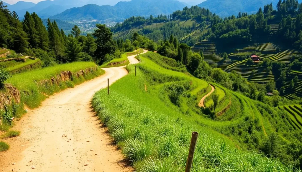 Hiking trail from Dhulikhel to Namo Buddha through terraced fields and lush forests